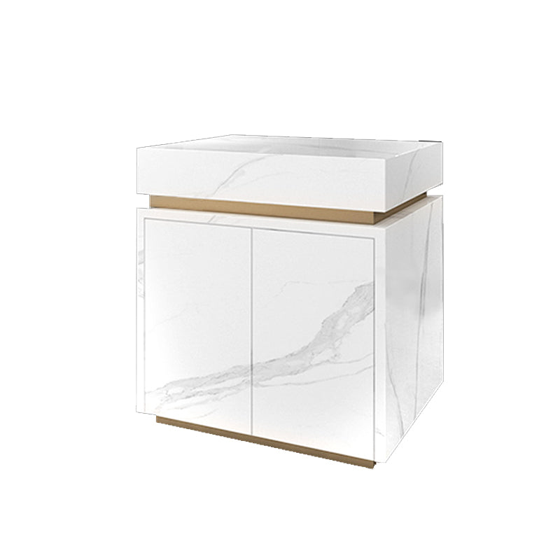 White Stone Contemporary Kitchen Island Table with Storage Cabinet