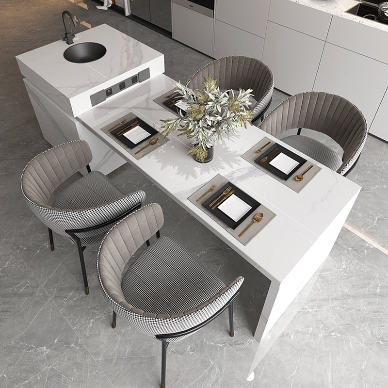 White Stone Contemporary Kitchen Island Table with Storage Cabinet