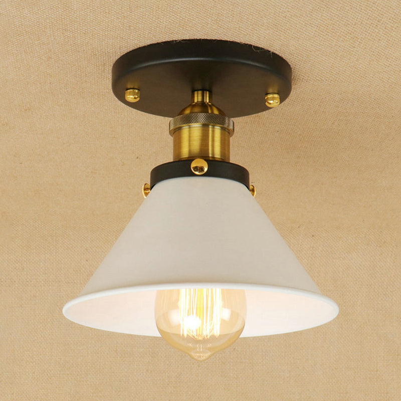 1 Bulb Semi-Flush Mount Vintage Industrial Conic Shade Metal Ceiling Light Fixture in White/Brass