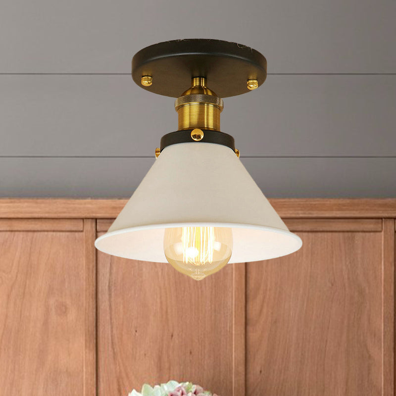1 Bulb Semi-Flush Mount Vintage Industrial Conic Shade Metal Ceiling Light Fixture in White/Brass