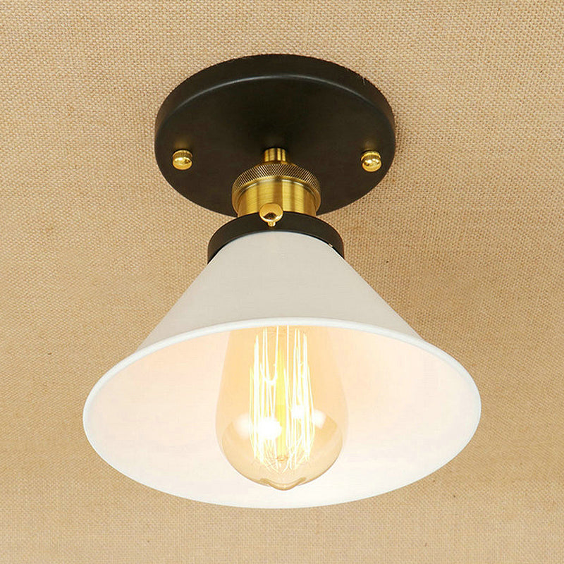 1 Bulb Semi-Flush Mount Vintage Industrial Conic Shade Metal Ceiling Light Fixture in White/Brass