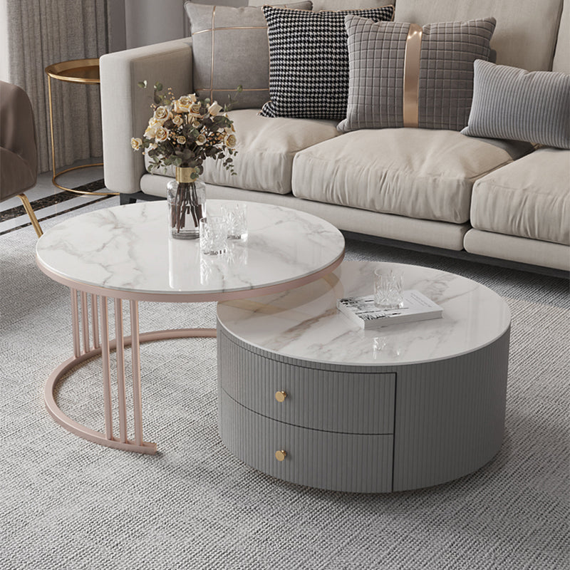 Drum Coffee Cocktail Table with 2 Storage Drawers Slate Top Round