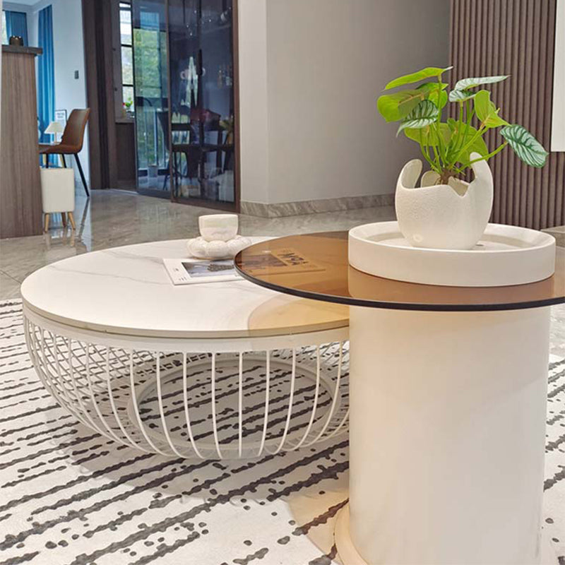 Slate/Wooden Top Coffee Cocktail Table Round Scandinavian Cream Color