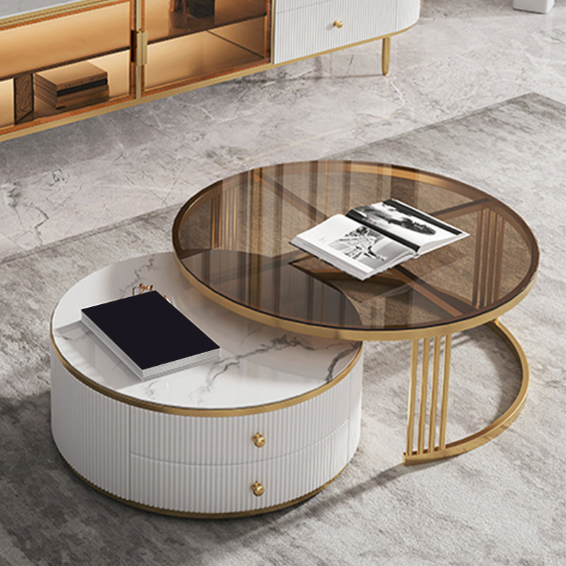 Slate/Glass Top Coffee Table with 2 Storage Drawers Modern Round