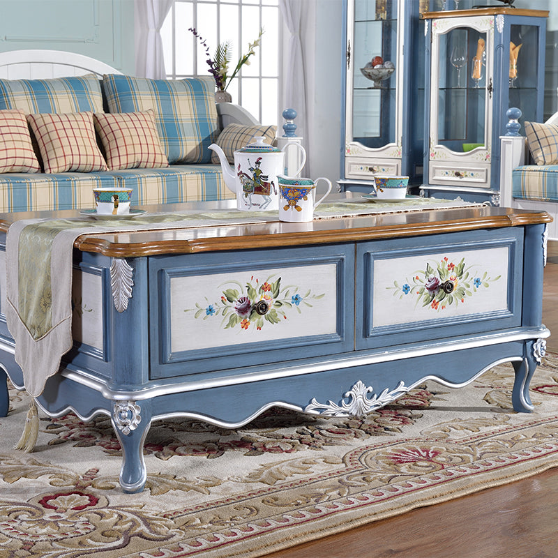 Wooden 4 Legs Coffee Table with Storage Drawers French Country Rectangle