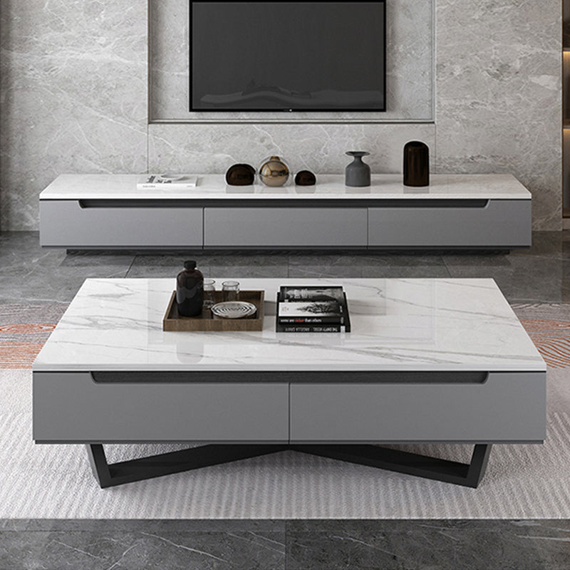 Marble Top Abstract Coffee Table with Storage Contemporary White