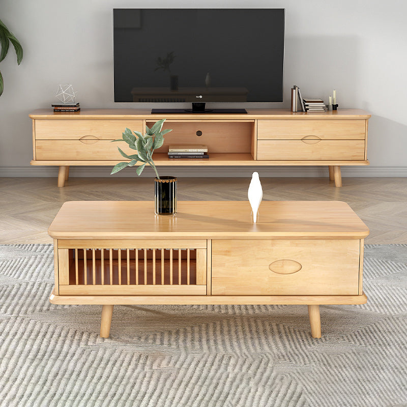 4 Legs Coffee or End Table with Storage Drawers Solid Wood Rectangle