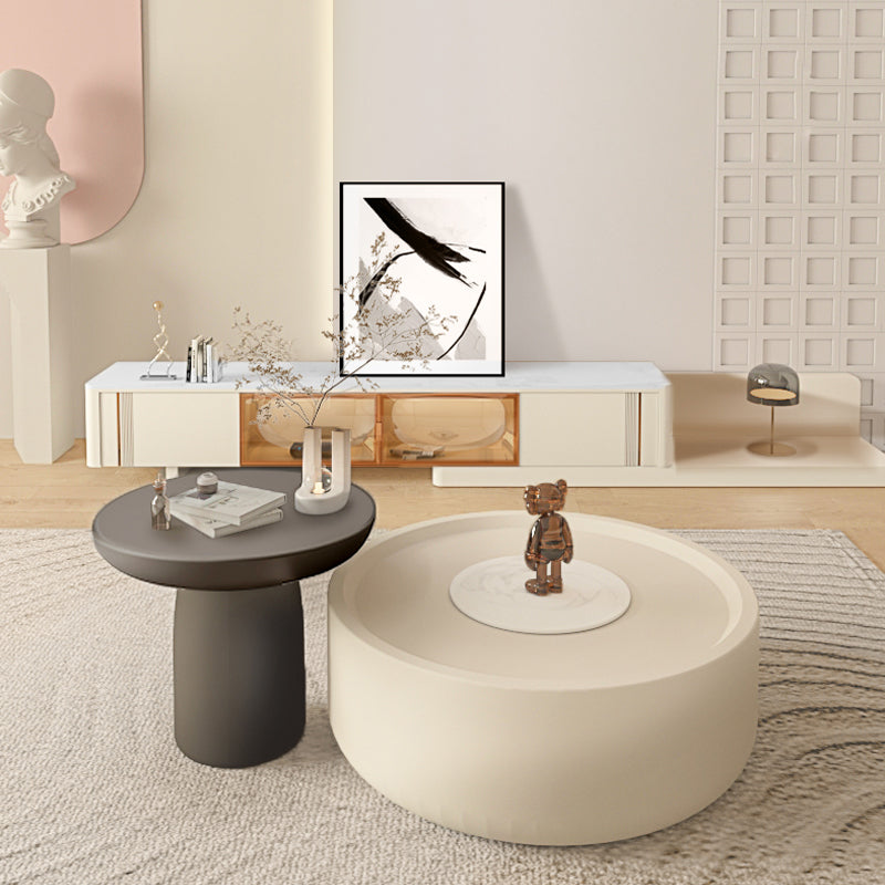 Drum Wood Coffee Cocktail Table with Storage Drawers Modern Round