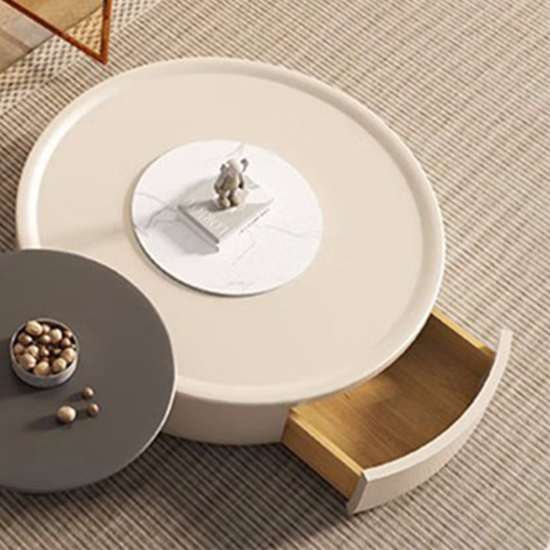Drum Wood Coffee Cocktail Table with Storage Drawers Modern Round
