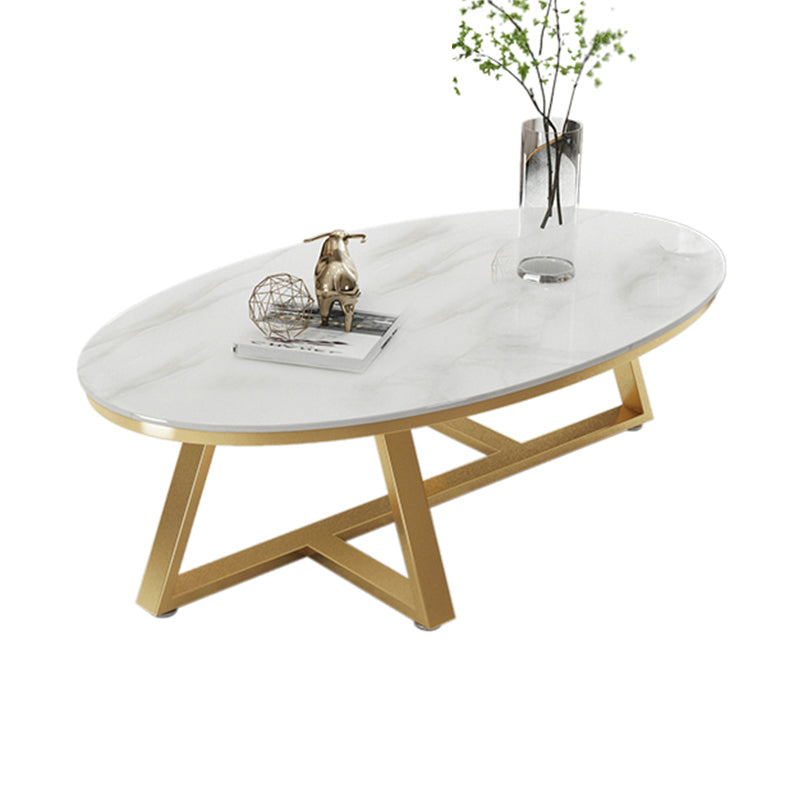 Glam Iron Cross Legs Cocktail Table Oval Slate Top Coffee Table
