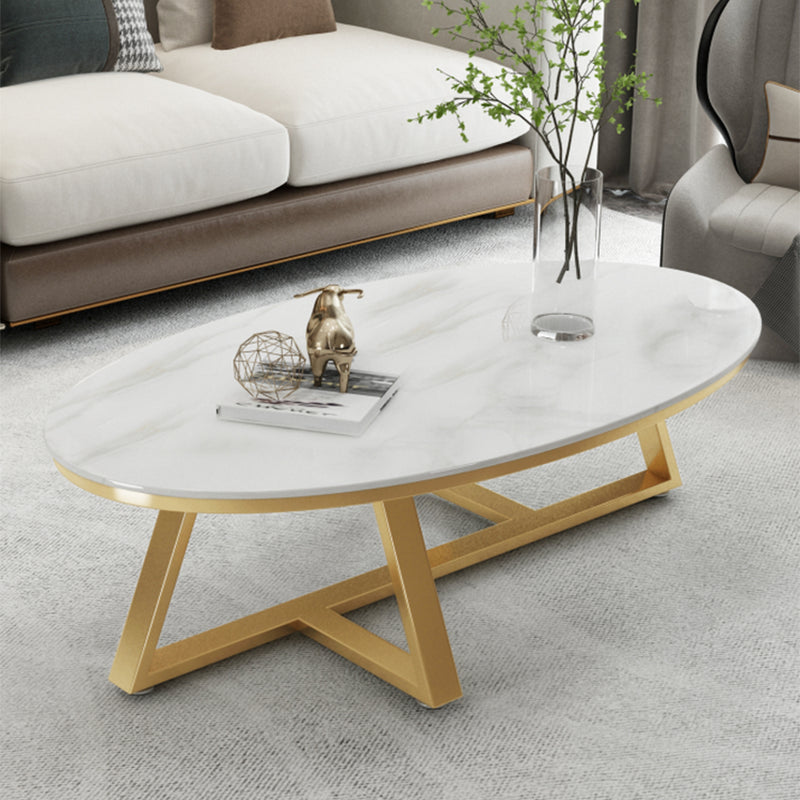 Glam Iron Cross Legs Cocktail Table Oval Slate Top Coffee Table