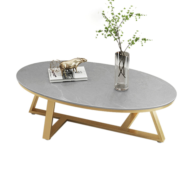 Glam Iron Cross Legs Cocktail Table Oval Slate Top Coffee Table