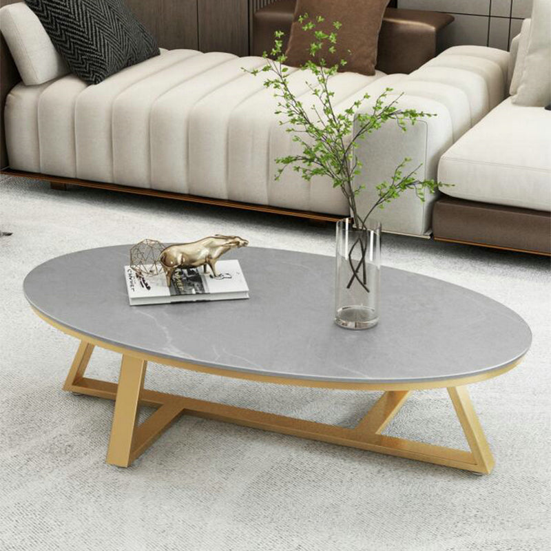 Glam Iron Cross Legs Cocktail Table Oval Slate Top Coffee Table