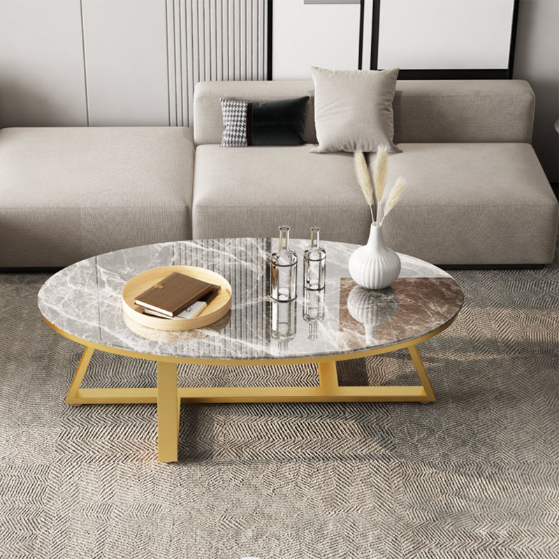 Glam Iron Cross Legs Cocktail Table Oval Slate Top Coffee Table