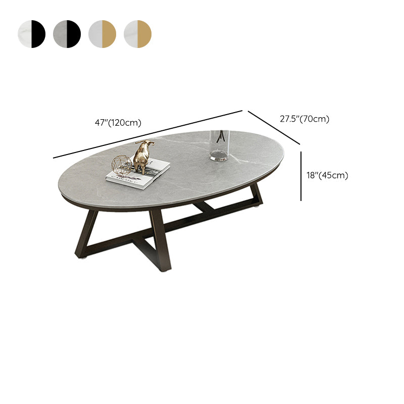 Glam Iron Cross Legs Cocktail Table Oval Slate Top Coffee Table