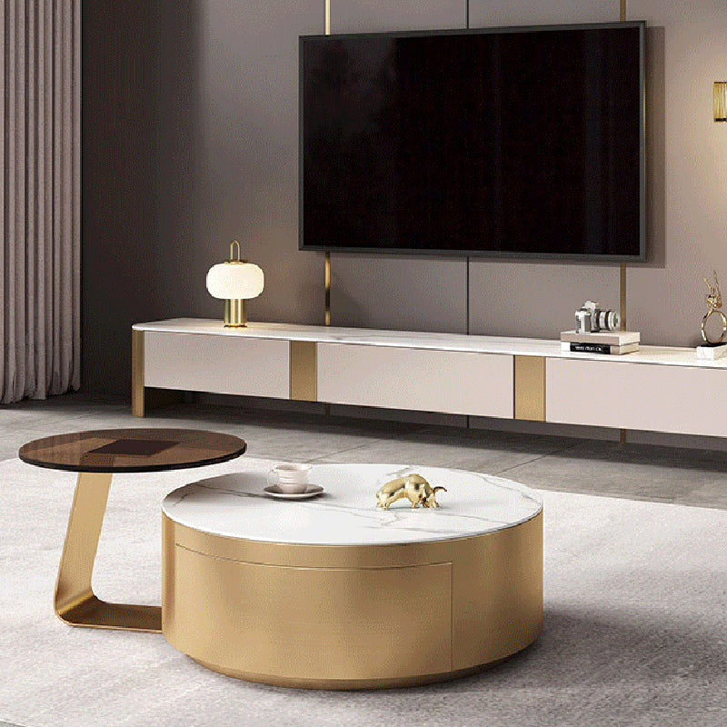 Glam Drum Coffee or End Table with Storage Drawers Slate Top