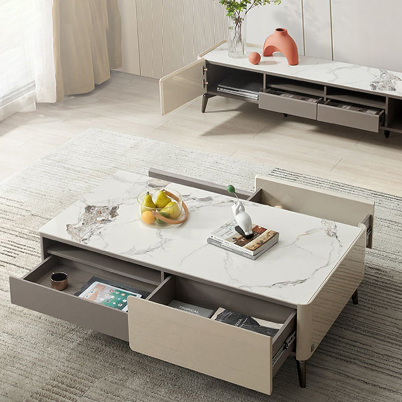 4 Legs Coffee or End Table Slate with Storage Drawers Rectangle White