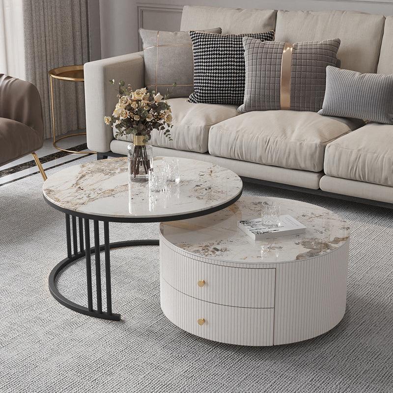 Frame Coffee Cocktail Table with Storage Drawers Round Slate Top