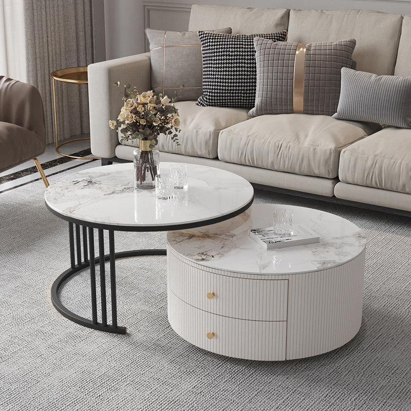 Frame Coffee Cocktail Table with Storage Drawers Round Slate Top
