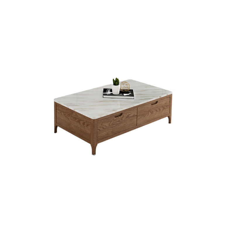 Solid Wood 4 Legs Coffee Table with Storage Drawers Marble Top