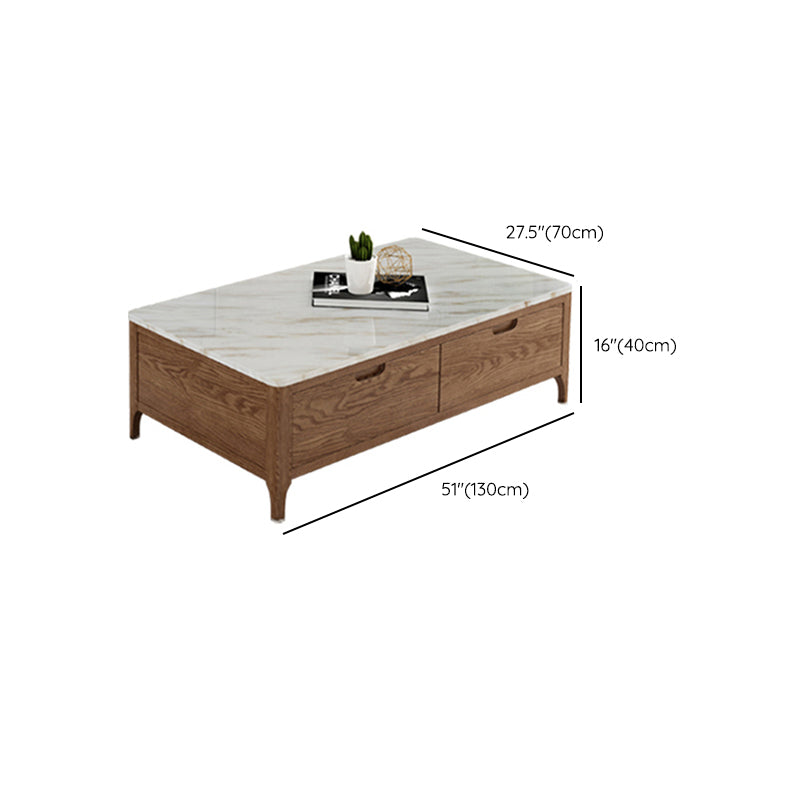 Solid Wood 4 Legs Coffee Table with Storage Drawers Marble Top