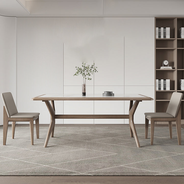 Modern Rectangular Stone Top Dining Table with Solid Wood Legs for Living Room