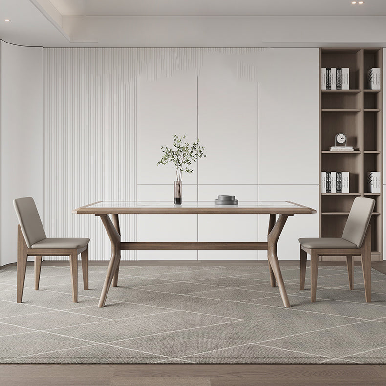Modern Rectangular Stone Top Dining Table with Solid Wood Legs for Living Room
