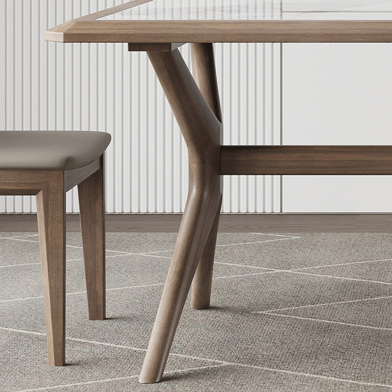 Modern Rectangular Stone Top Dining Table with Solid Wood Legs for Living Room