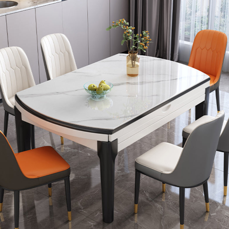 Modern Round Stone Top Dining Table Extendable for Small Spaces with Storage