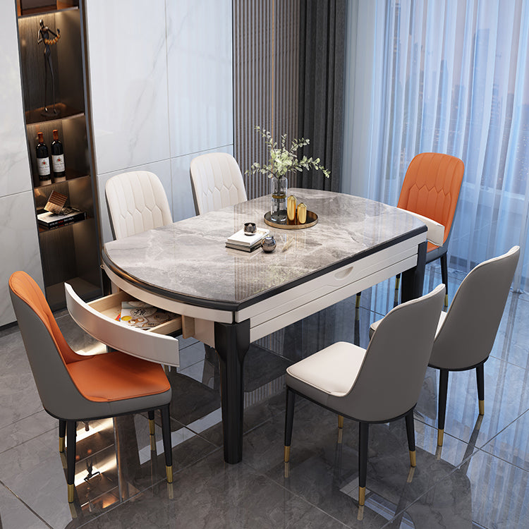 Modern Round Stone Top Dining Table Extendable for Small Spaces with Storage