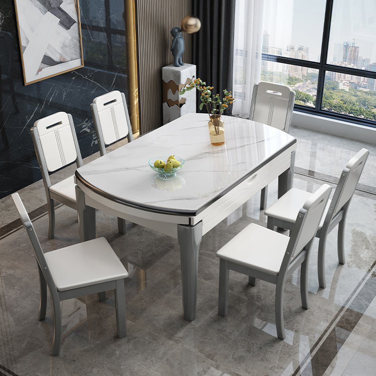 Modern Round Stone Top Dining Table Extendable for Small Spaces with Storage