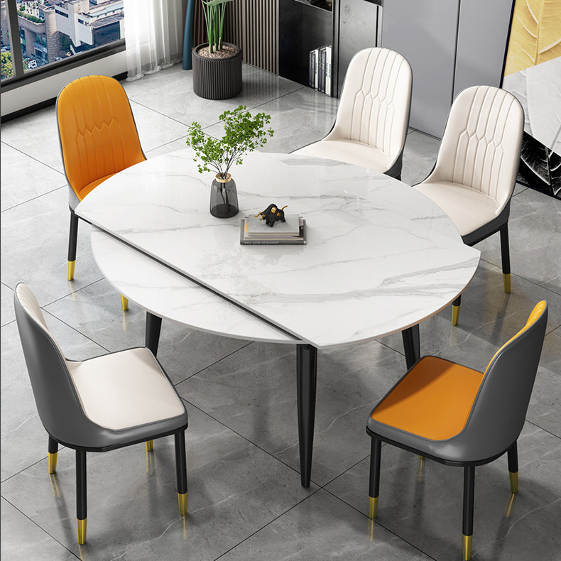 Round Dining Table White Stone Table Top with Black Metal Legs