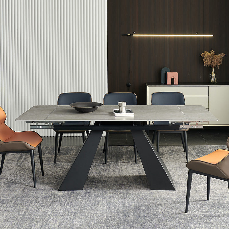 Rectangular Dining Table Modern Grey Stone Table Top with Black Metal Base
