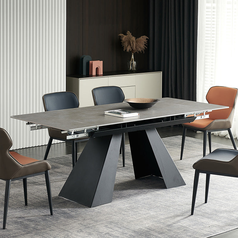 Rectangular Dining Table Modern Grey Stone Table Top with Black Metal Base