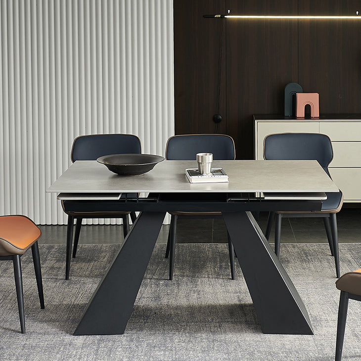 Rectangular Dining Table Modern Grey Stone Table Top with Black Metal Base