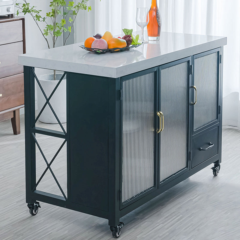 White Faux Marble Kitchen Trolley with Black Storage Cabinet