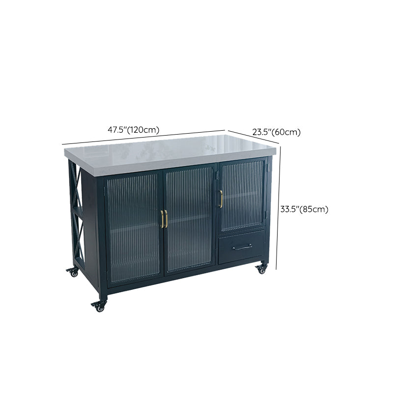 White Faux Marble Kitchen Trolley with Black Storage Cabinet