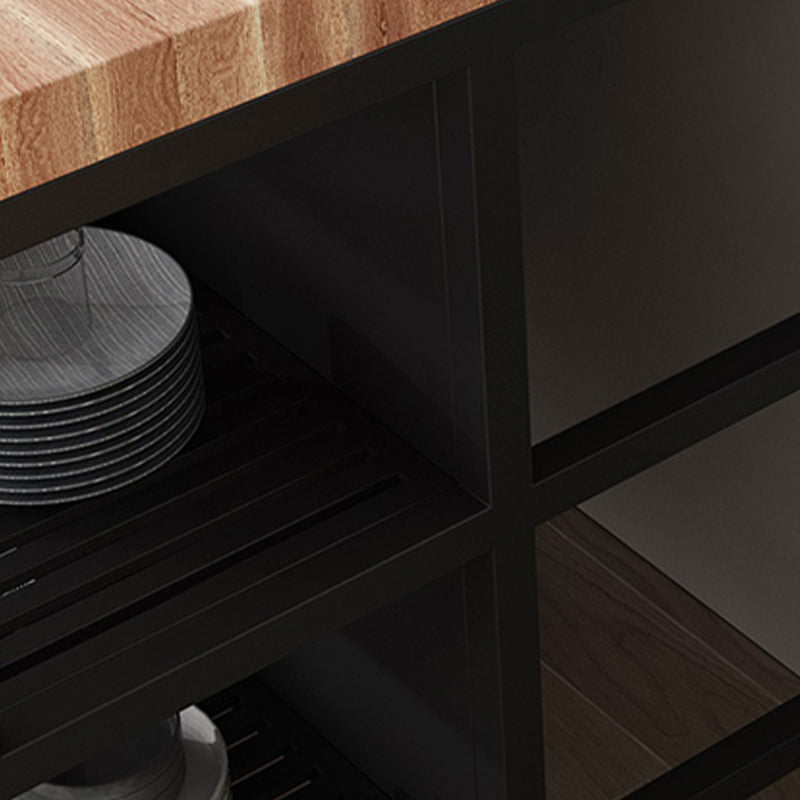 Light Wood Finish Kitchen Island Table with Metal Open Storage