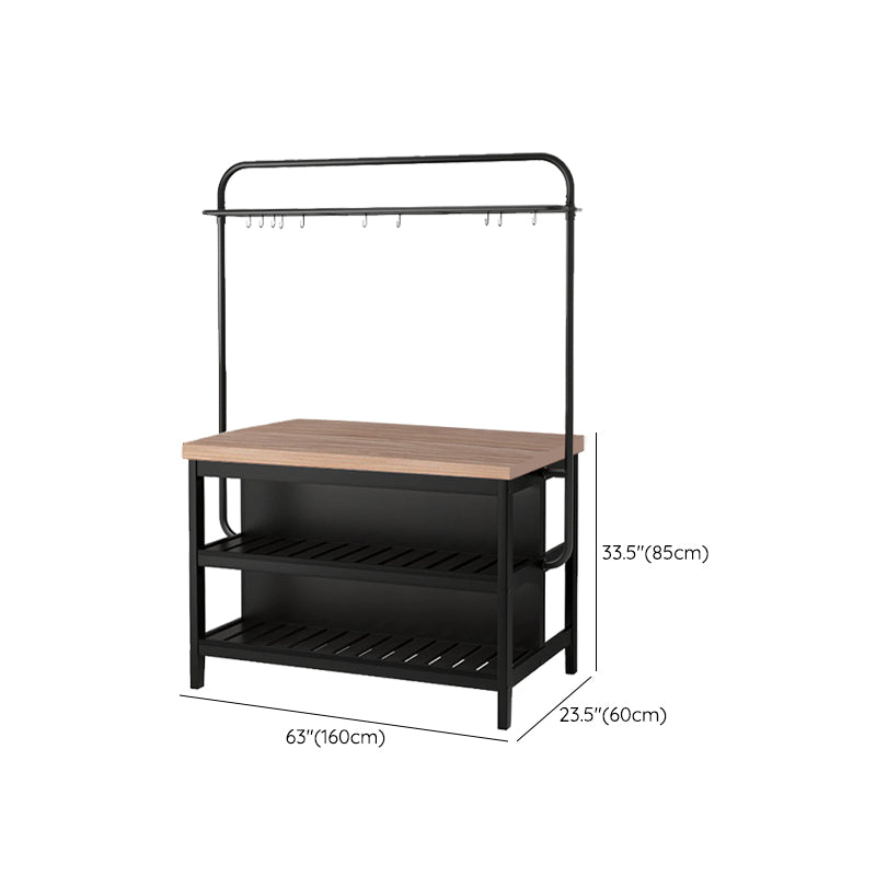 Light Wood Finish Kitchen Island Table with Metal Open Storage