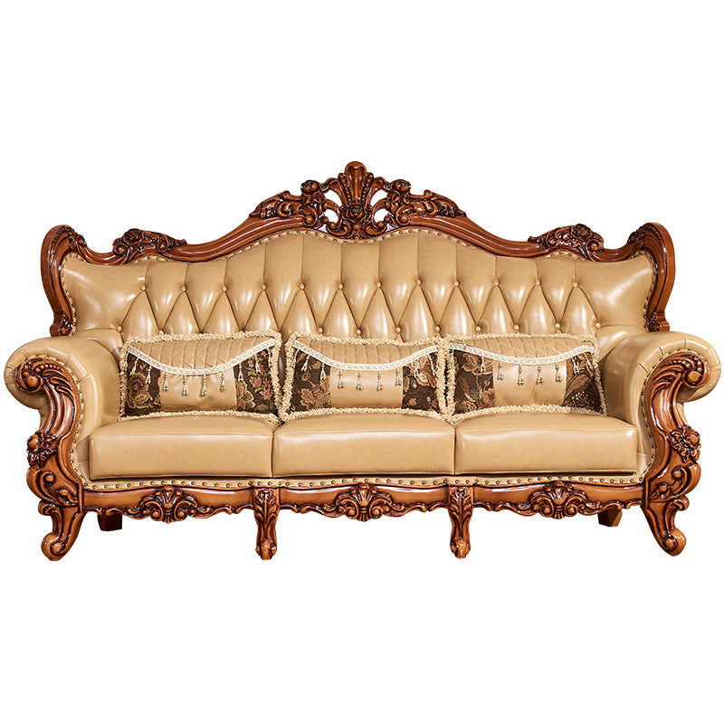 Mid Century Modern Genuine Leather Tufted Back Rolled Arm Sofa For Living Room