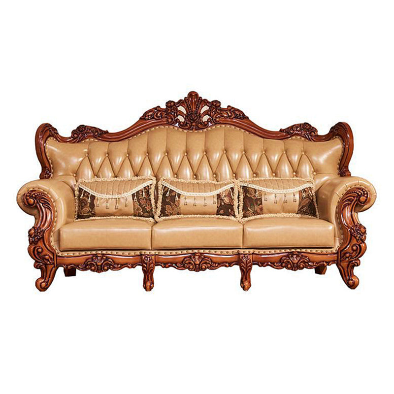 Mid Century Modern Genuine Leather Tufted Back Rolled Arm Sofa For Living Room