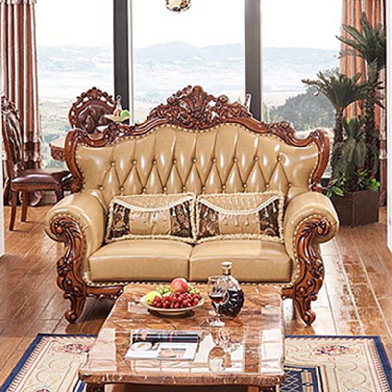 Mid Century Modern Genuine Leather Tufted Back Rolled Arm Sofa For Living Room