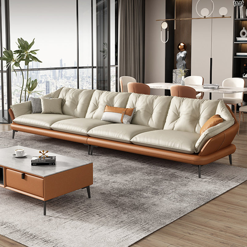 Modern Wood Frame Genuine Leather Flared Arm Sofa with Tufted Back