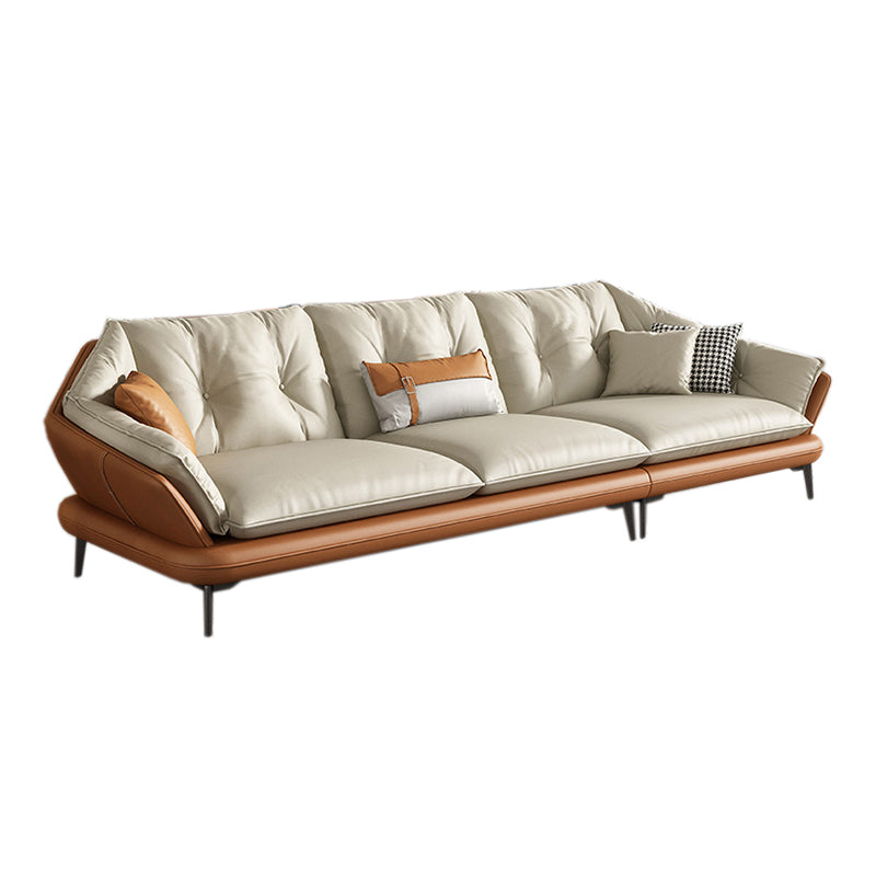 Modern Wood Frame Genuine Leather Flared Arm Sofa with Tufted Back