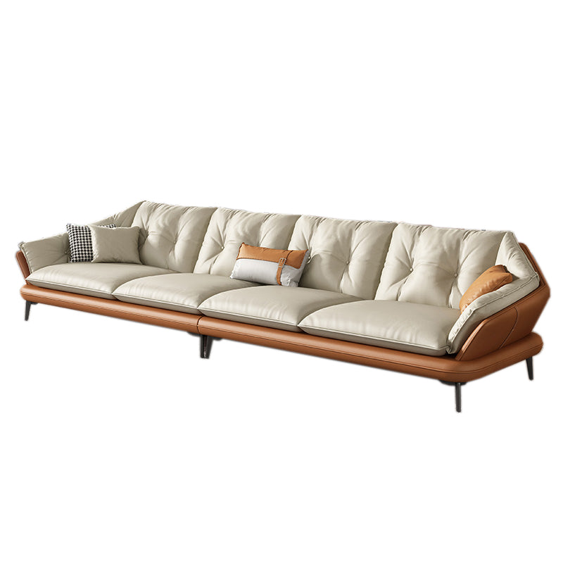 Modern Wood Frame Genuine Leather Flared Arm Sofa with Tufted Back