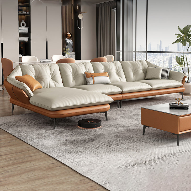 Modern Wood Frame Genuine Leather Flared Arm Sofa with Tufted Back