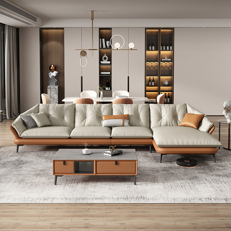 Modern Wood Frame Genuine Leather Flared Arm Sofa with Tufted Back