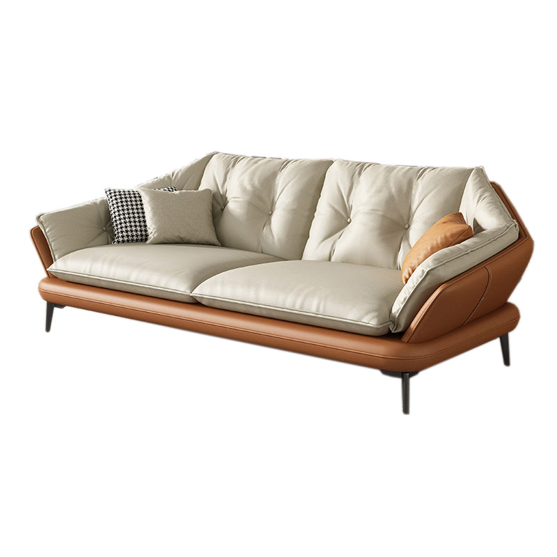 Modern Wood Frame Genuine Leather Flared Arm Sofa with Tufted Back