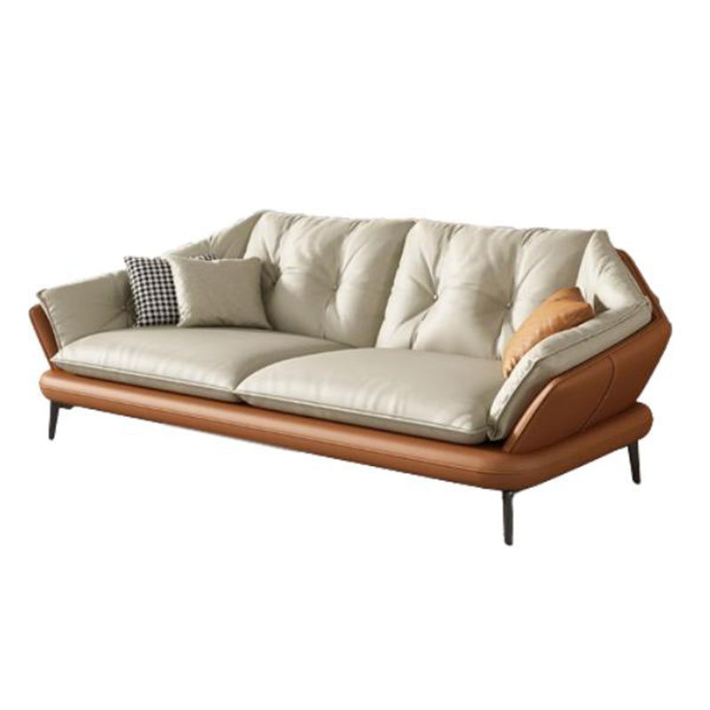 Modern Wood Frame Genuine Leather Flared Arm Sofa with Tufted Back