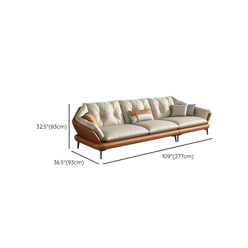 Modern Wood Frame Genuine Leather Flared Arm Sofa with Tufted Back